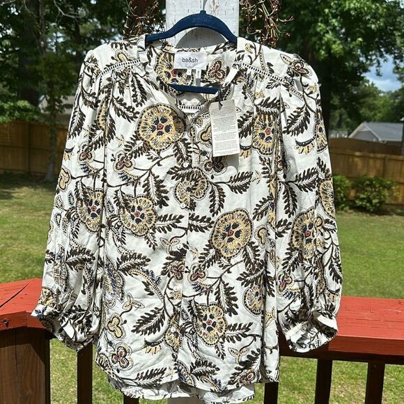 🦋NWT! BA&SH VALSKA Printed Blouse Collarless Poet Sleeves neutral design Size S - Picture 4 of 11